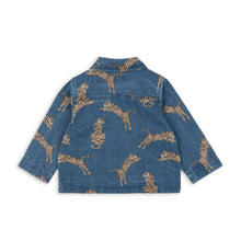 將圖片載入圖庫檢視器 Blue denim jacket with gold animal prints on a white background