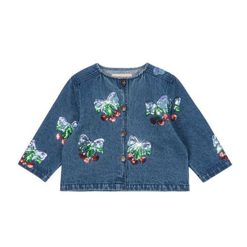 Blue denim jacket with butterfly designs on a white background