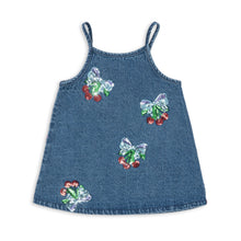 Load image into Gallery viewer, Denim dress with butterfly and flower patterns on a white background