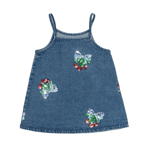 Blue denim dress with floral patterns on a white background