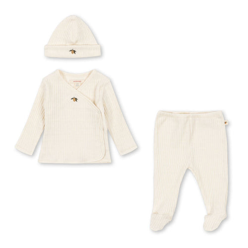 Baby outfit set with coat, hat, and pants on a white background