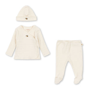 Baby outfit set with coat, hat, and pants on a white background