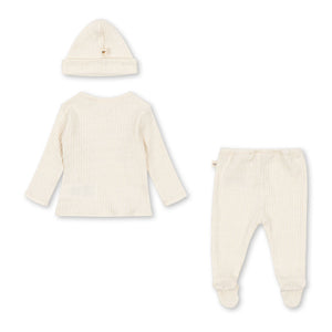 Baby outfit set with white long-sleeve shirt, pants, and hat on a white background