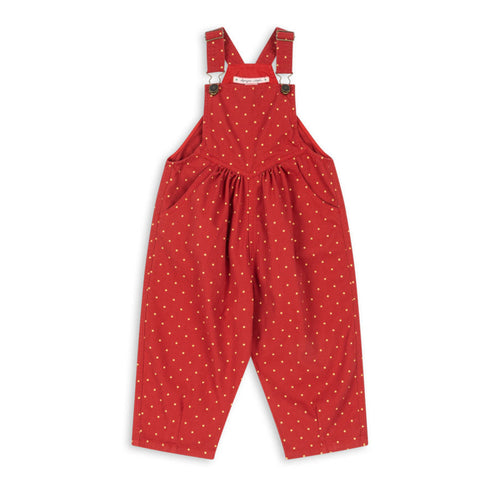 Red polka dot overalls on a white background