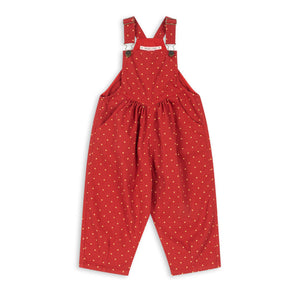 Red polka dot overalls on a white background