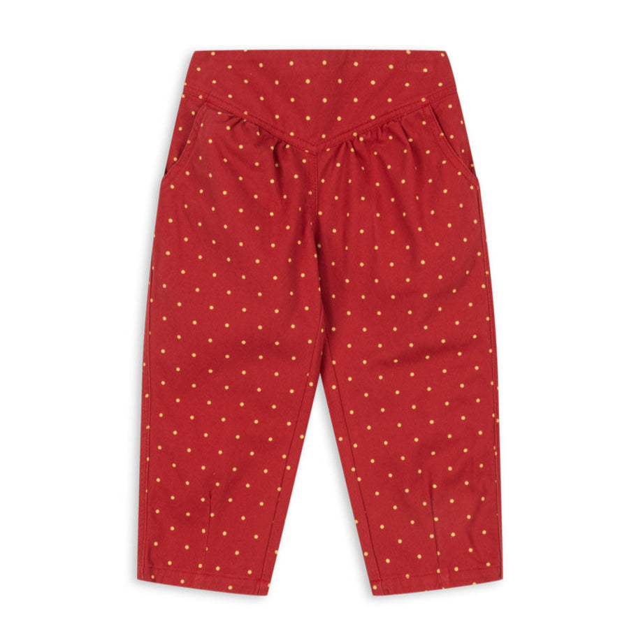 Red pants with white polka dots on a white background