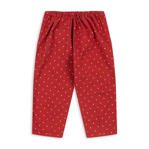 Red pants with white polka dots on a white background