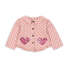 Load image into Gallery viewer, Pink polka dot blouse with heart designs on a white background