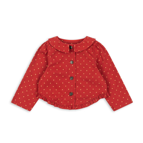 Red polka dot blouse on a white background
