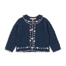 將圖片載入圖庫檢視器 Navy blue cardigan with floral embroidery on a white background