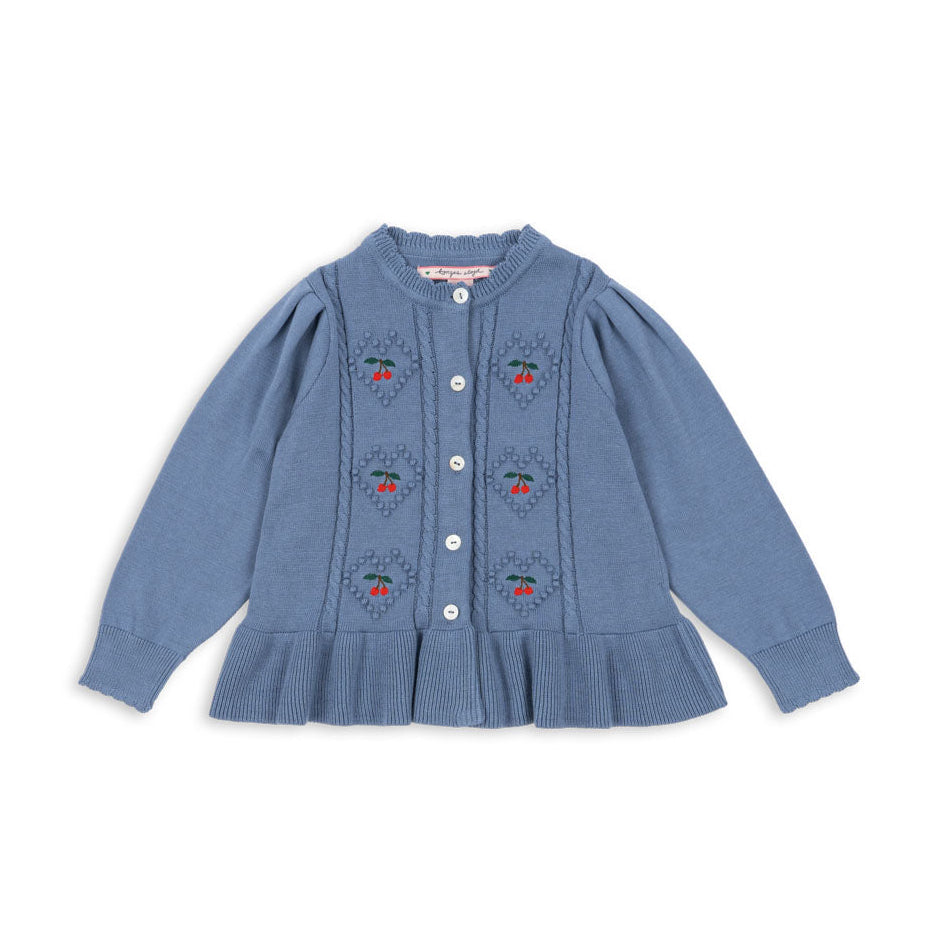 Blue cardigan with floral patterns on a white background