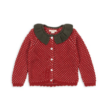 Load image into Gallery viewer, Red polka dot cardigan with a brown collar on a white background