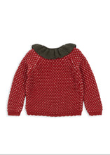 Load image into Gallery viewer, Red sweater with a dark green collar on a white background