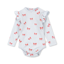 將圖片載入圖庫檢視器 Baby bodysuit with ruffled sleeves and red bow pattern on a white background