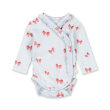 Load image into Gallery viewer, Baby wrap with pink bow pattern on a white background