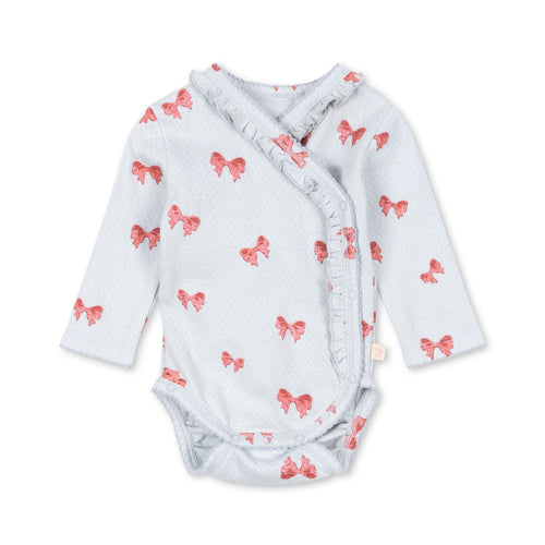 Baby wrap with pink bow pattern on a white background