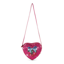 Load image into Gallery viewer, Heart-shaped pink purse with a blue butterfly design on a white background