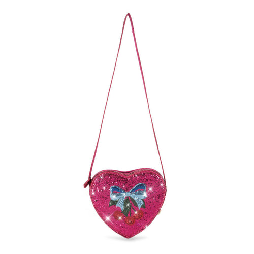 Heart-shaped pink purse with a blue butterfly design on a white background
