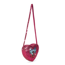 Load image into Gallery viewer, Heart-shaped pink glitter bag with a blue star design on a white background