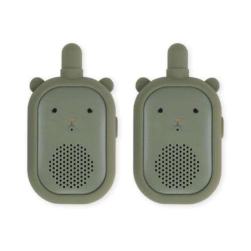Two green animal-shaped walkie-talkies on a white background