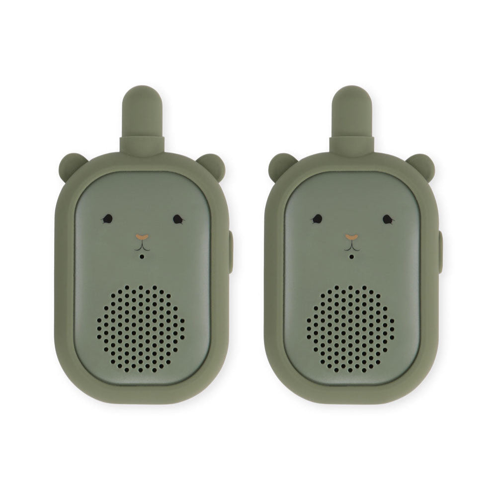 Two green animal-shaped walkie-talkies on a white background