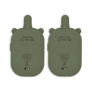 Two green electronic devices with ear-like structures on a white background