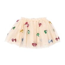 Load image into Gallery viewer, Beige tulle skirt with colorful bow decorations on a white background