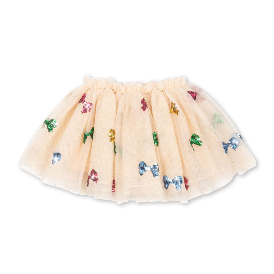 Beige tulle skirt with colorful floral embroidery on a white background