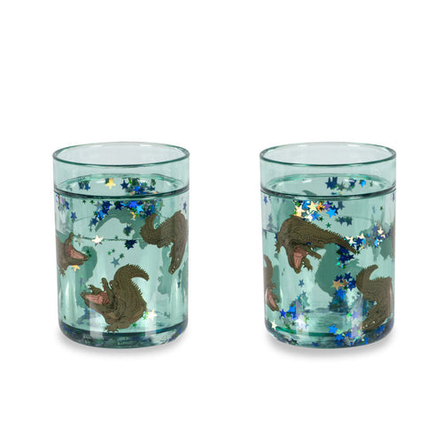 Two glass tumblers with animal illustrations on a white background