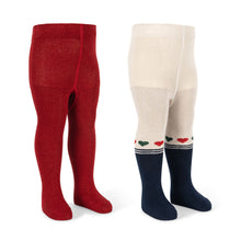 Load image into Gallery viewer, Two pairs of tights, one red and one with heart patterns, on a white background.