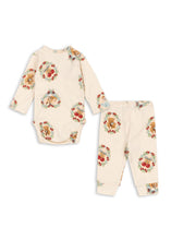 Load image into Gallery viewer, Baby onesie and pants set with floral pattern on a white background
