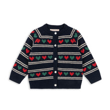 Load image into Gallery viewer, Navy cardigan with red and green heart patterns on a white background