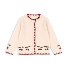 Load image into Gallery viewer, Cream-colored cardigan with red trim and cherry patterns on a white background