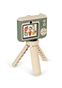 Toy camera with a screen displaying colorful icons on a white background