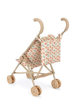 Load image into Gallery viewer, Small wooden toy stroller with a floral canopy on a white background