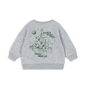 Gray sweatshirt with a graphic design on the back against a white background