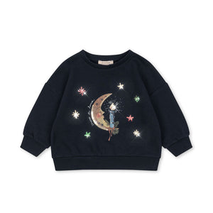 Navy blue sweatshirt with celestial design on a white background