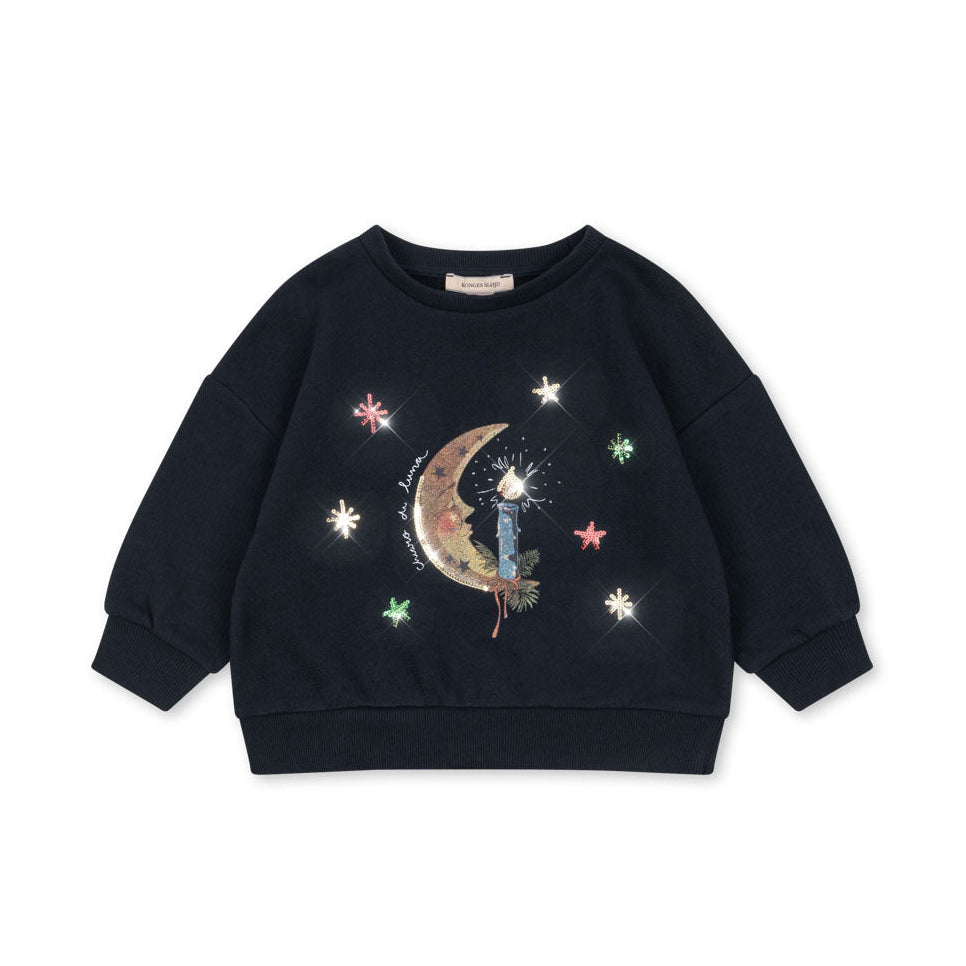 Navy blue sweatshirt with celestial design on a white background
