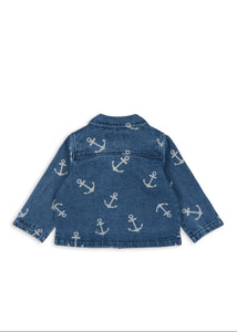Blue denim jacket with anchor pattern on a white background