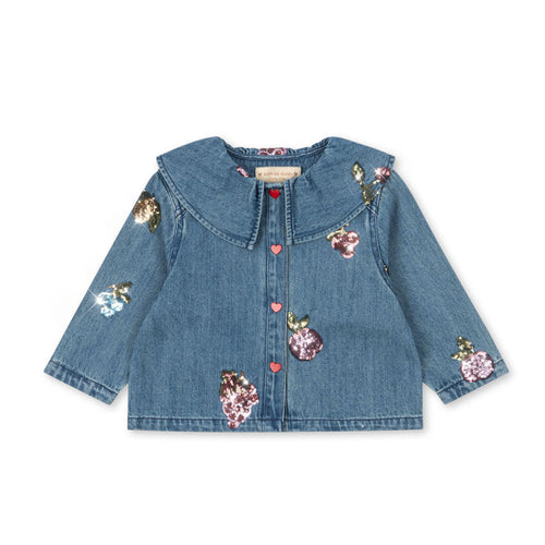 Denim jacket with floral embroidery on a white background