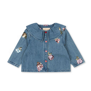 Denim jacket with floral embroidery on a white background