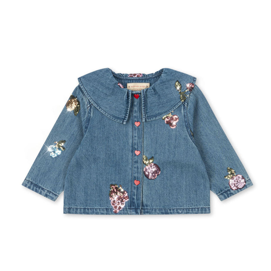 Denim jacket with floral embroidery on a white background