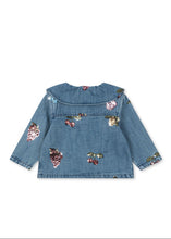 Load image into Gallery viewer, Blue denim jacket with floral and berry embroidery on a white background