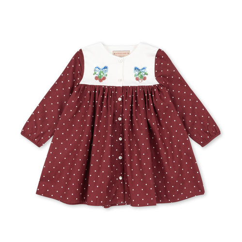 Red polka dot dress with white embroidered top on a white background