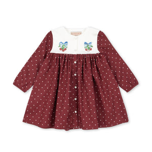 Red polka dot dress with white embroidered top on a white background