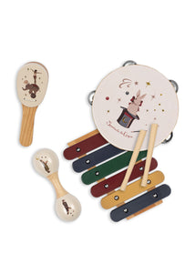 Set of children's musical instruments including a tambourine, maracas, and xylophone on a white background.