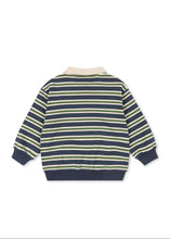 Load image into Gallery viewer, Back view of a striped sweater with green and blue horizontal stripes on a white background