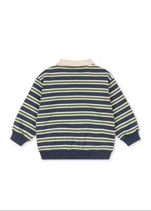 Back view of a striped sweater with green and blue horizontal stripes on a white background