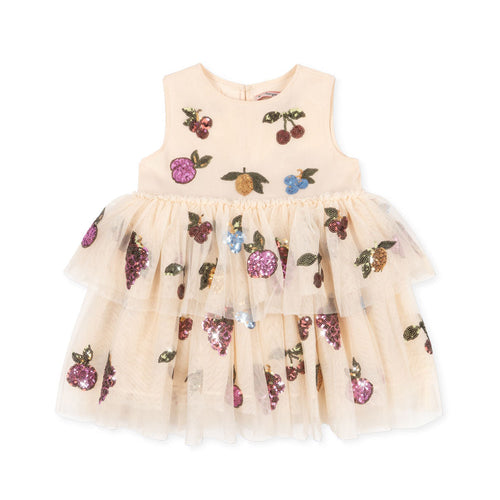 Beige dress with fruit embroidery on a white background