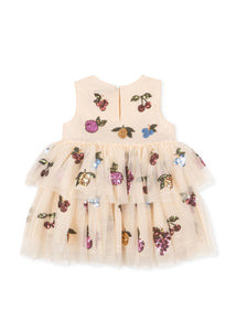 Beige tulle dress with fruit and butterfly embroidery on a white background
